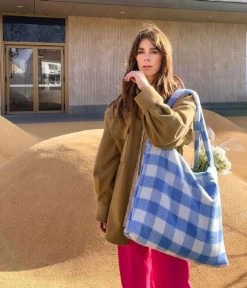 Wool Checked Mom Bag Blue -Mode Tas Blue wool checked mom bag 6 600