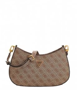 Guess Alexie Top Zip Shoulder Bag Latte Logo